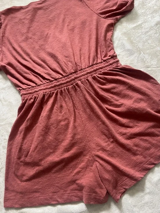 Nine West Rust Dusty Rose Romper Size L Puff Sleeve Elastic Waist Casual Summer - Picture 10 of 10